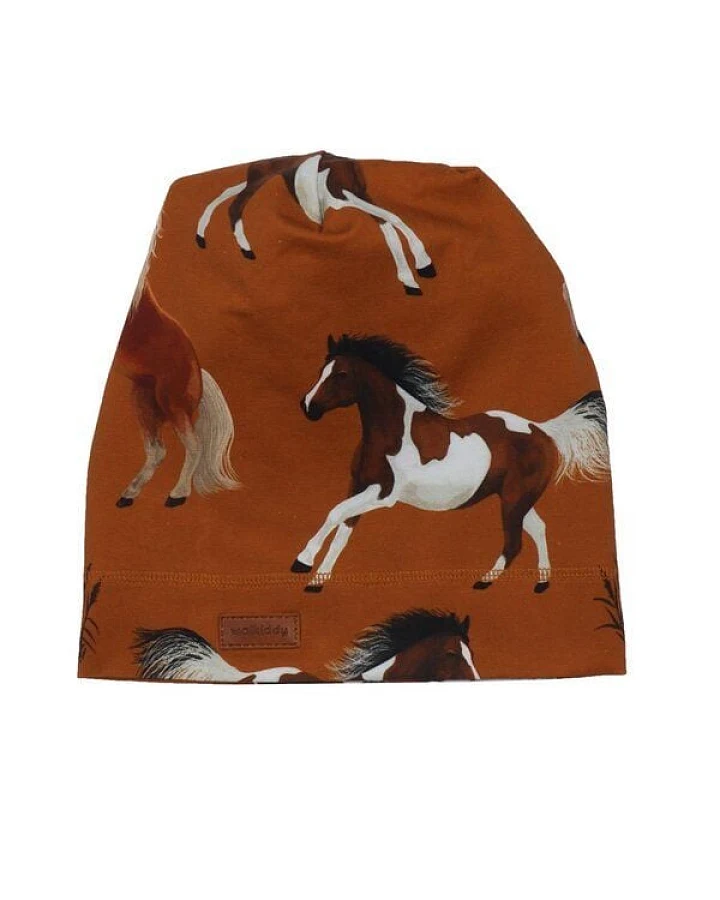 Babymütze GOTS-zertifiziert aus Bio-Baumwolle, braun mit Joyful-Horses-Print, weicher Jersey, dehnbar & hautfreundlich – Walkiddy