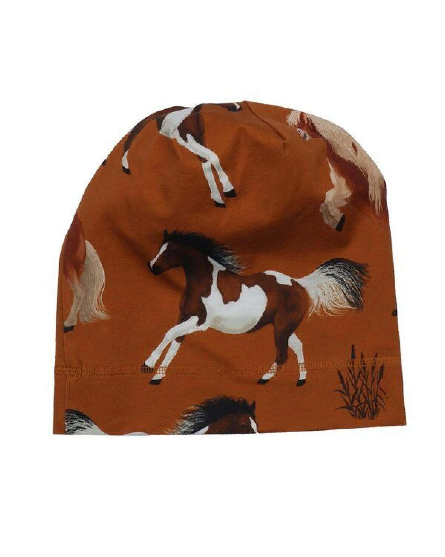 Babymütze GOTS-zertifiziert aus Bio-Baumwolle, braun mit Joyful-Horses-Print, weicher Jersey, dehnbar & hautfreundlich – Walkiddy – Ansicht 3