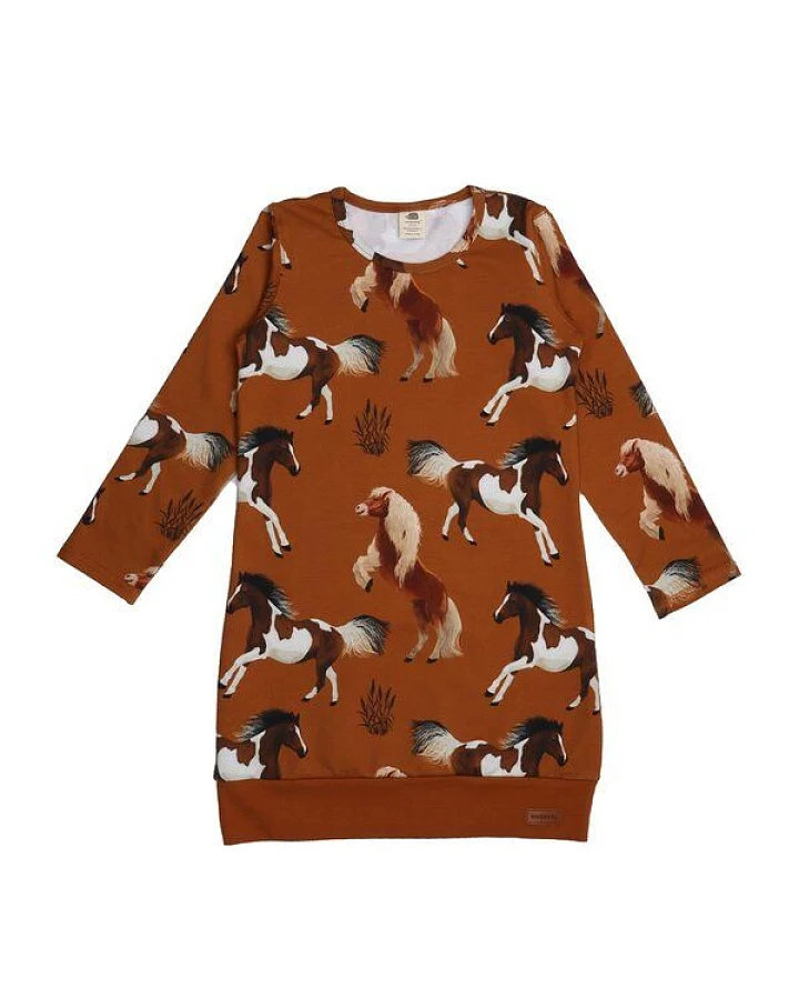 Kinder Kleid GOTS zertifiziert – 95% Bio-Baumwolle, Braun mit Pferdemotiv, Langarm, 5% Elasthan, weich & bequem