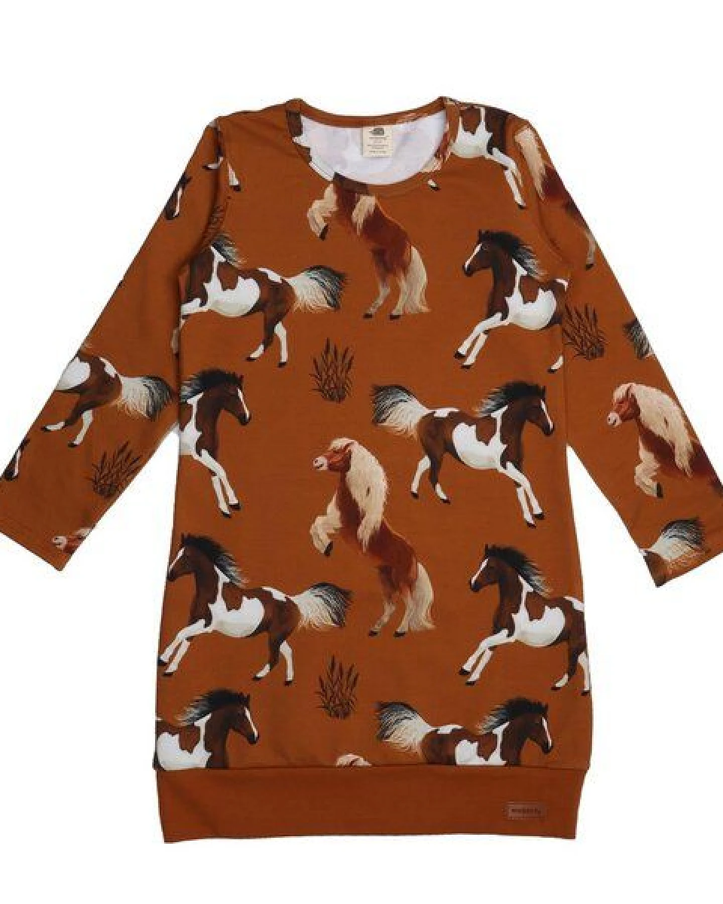 Kinder Kleid GOTS zertifiziert – 95% Bio-Baumwolle, Braun mit Pferdemotiv, Langarm, 5% Elasthan, weich & bequem – Ansicht 2