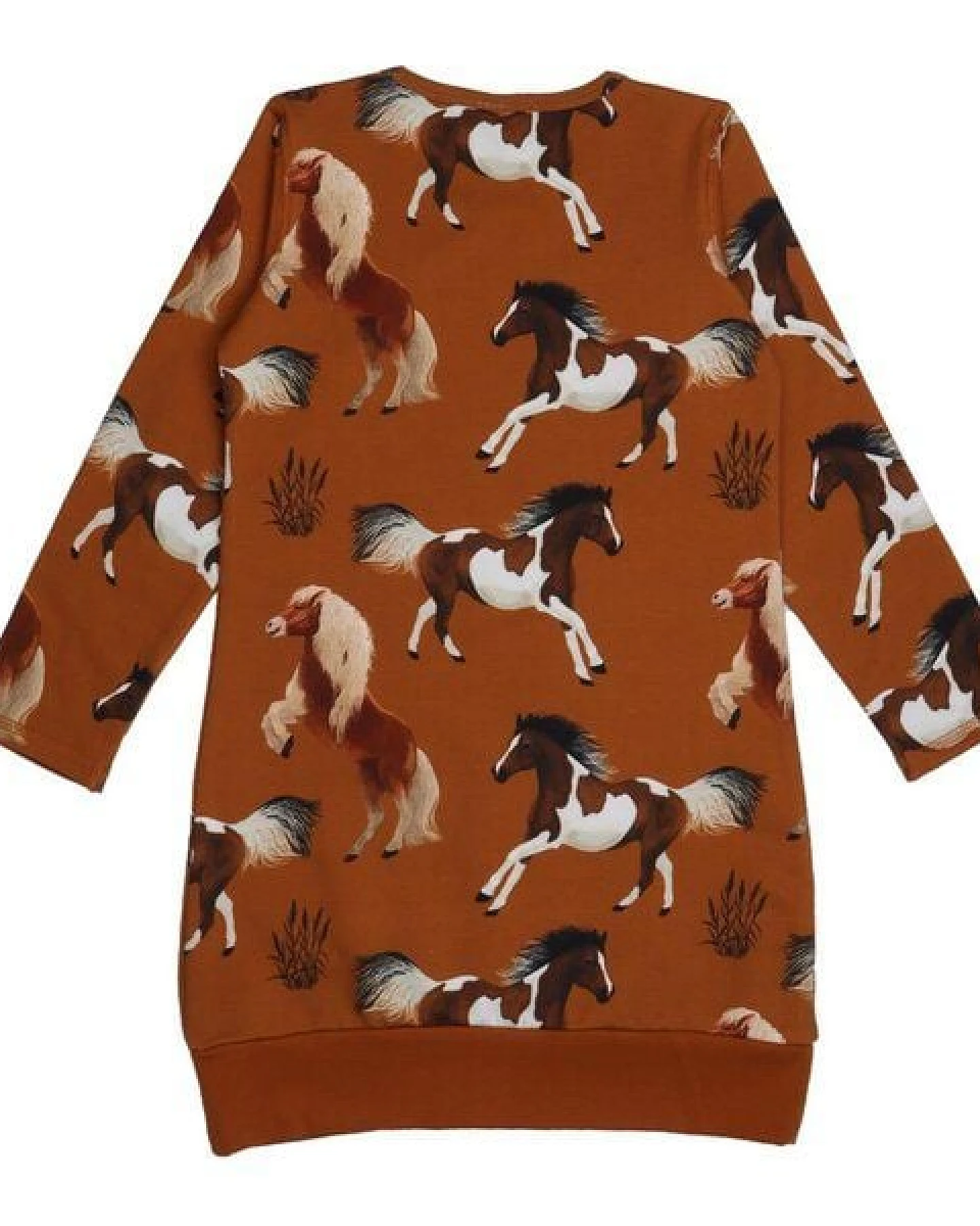 Kinder Kleid GOTS zertifiziert – 95% Bio-Baumwolle, Braun mit Pferdemotiv, Langarm, 5% Elasthan, weich & bequem – Ansicht 3