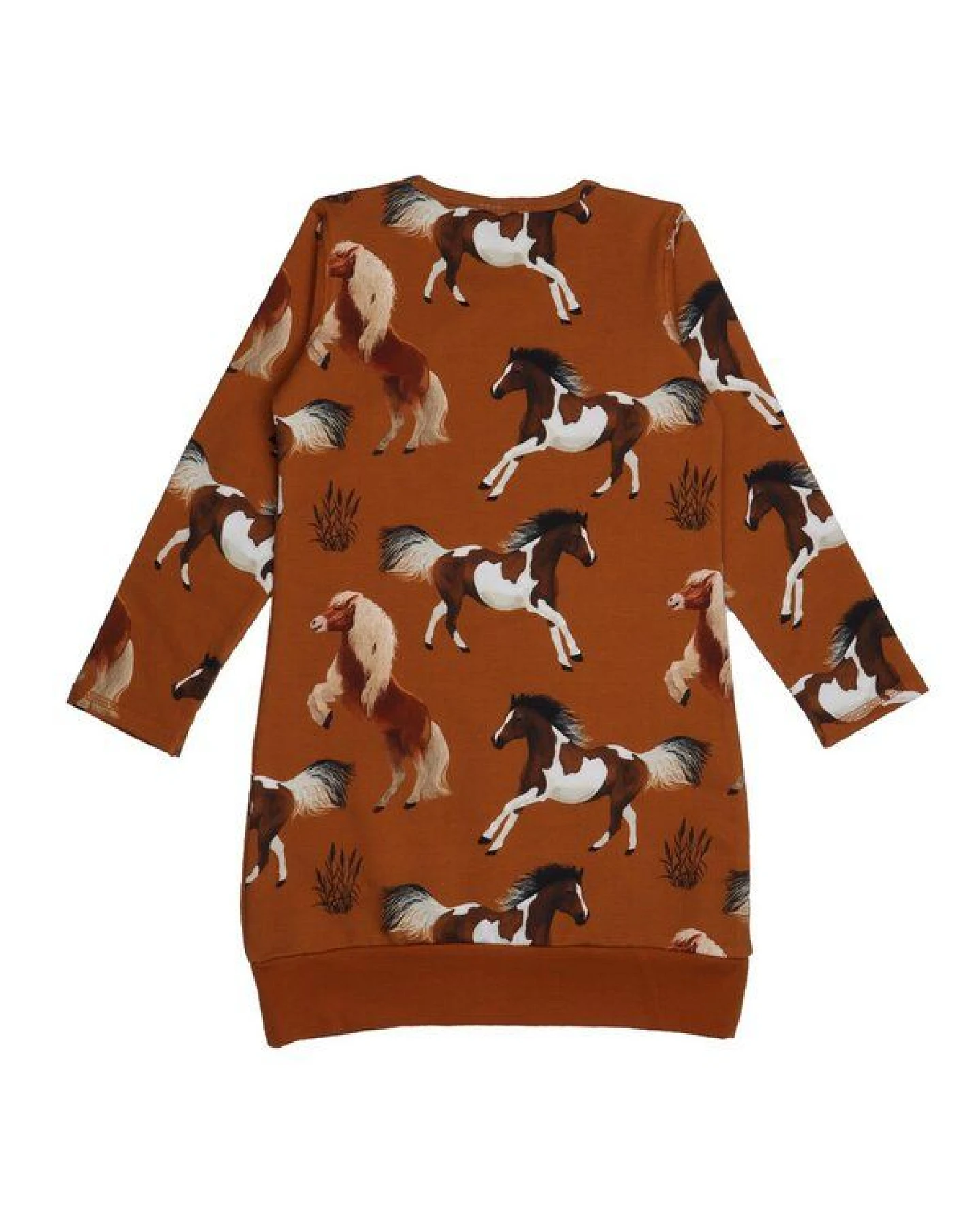 Kinder Kleid GOTS zertifiziert – 95% Bio-Baumwolle, Braun mit Pferdemotiv, Langarm, 5% Elasthan, weich & bequem – Ansicht 3