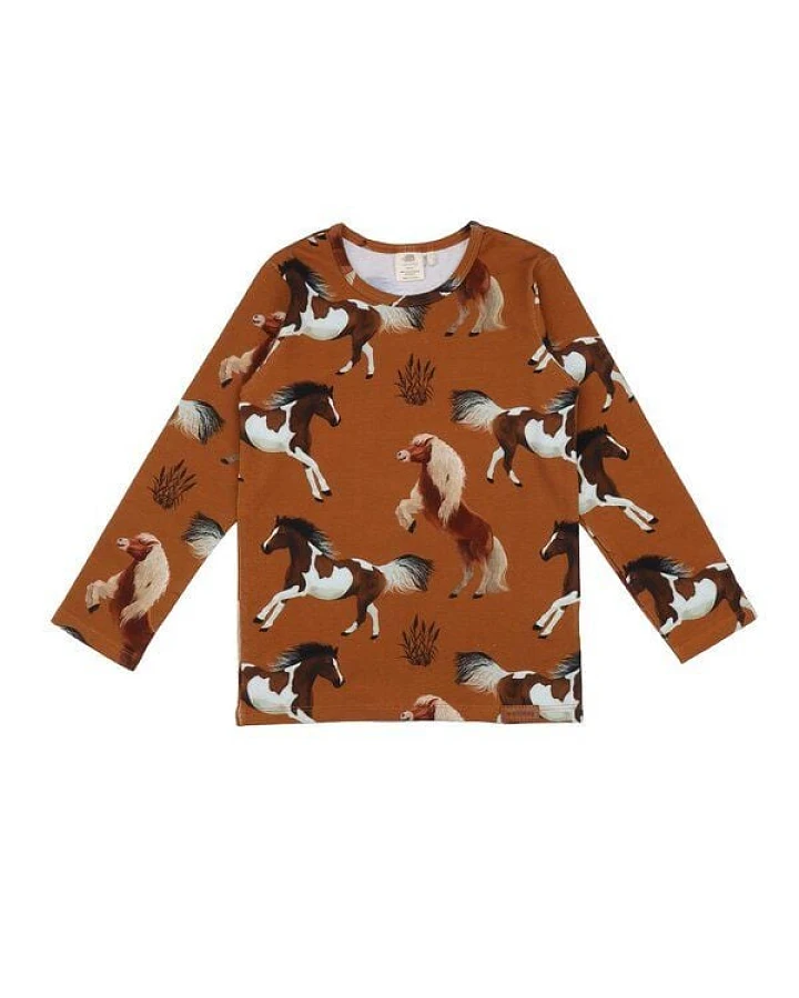 Kinder Langarmshirt GOTS zertifiziert, Bio-Baumwolle, braun, Pferde-Muster „Joyful Horses“, weich – Walkiddy