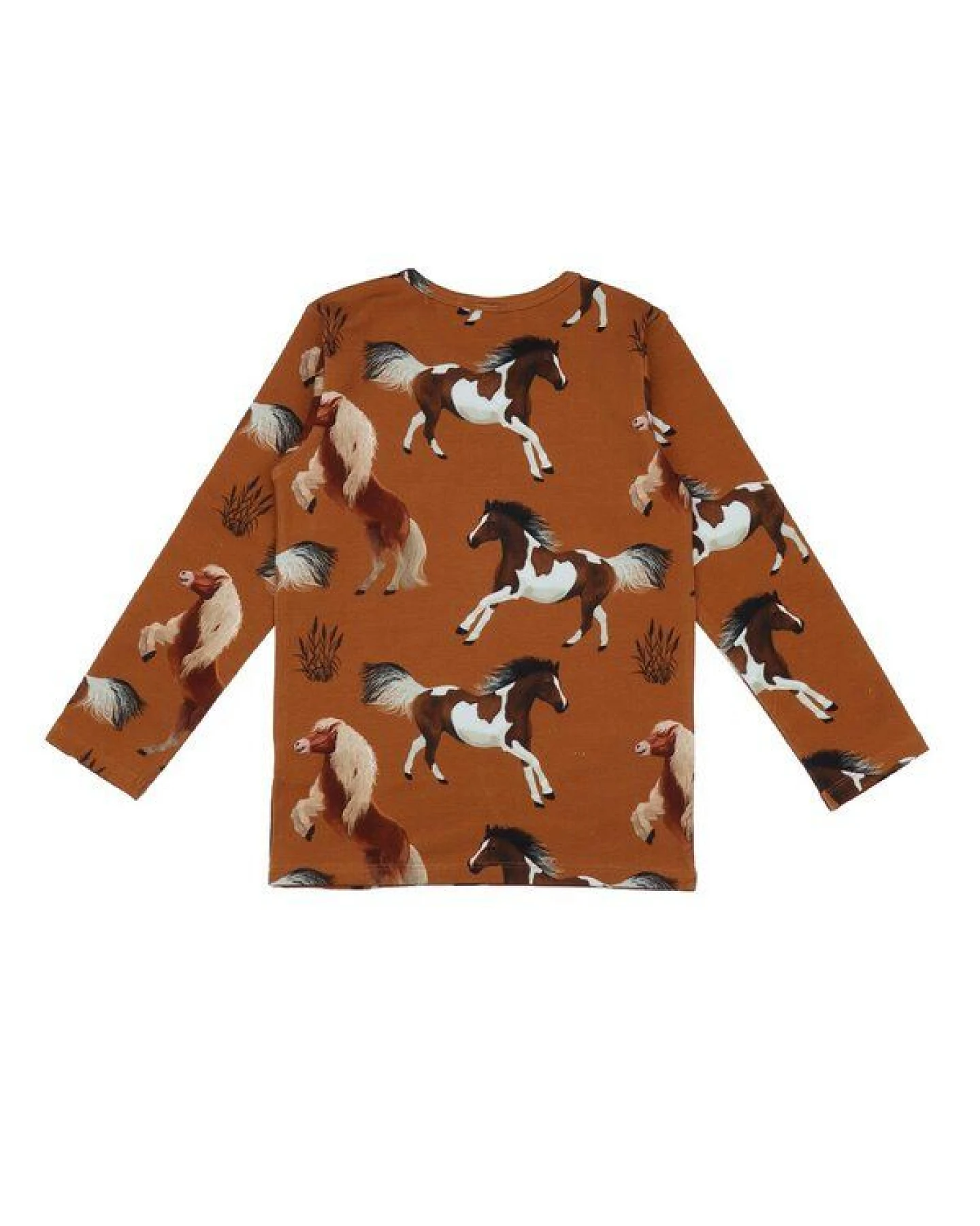 Kinder Langarmshirt GOTS zertifiziert, Bio-Baumwolle, braun, Pferde-Muster „Joyful Horses“, weich – Walkiddy – Ansicht 3