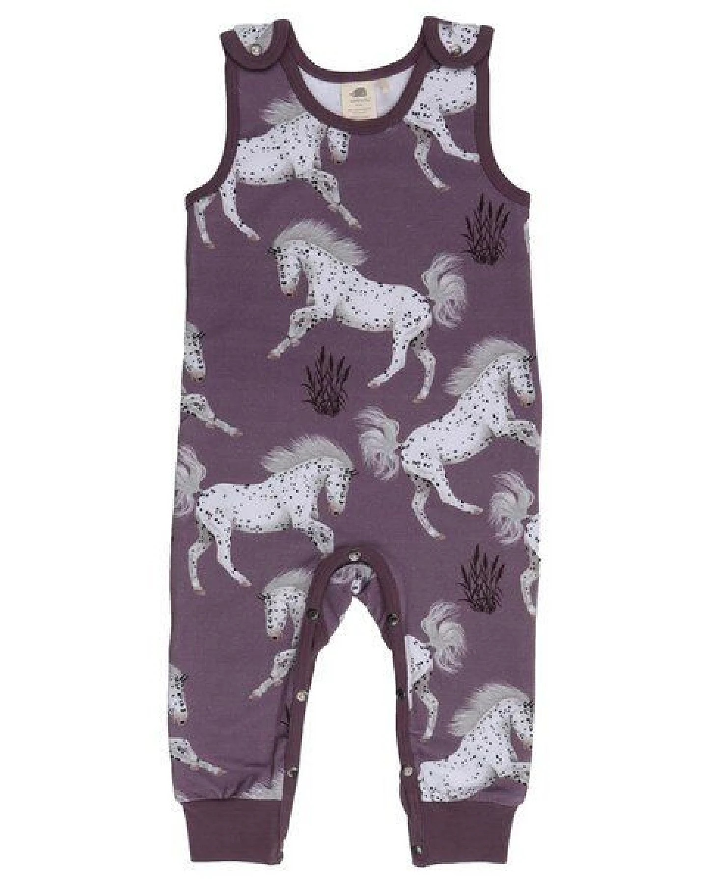 Baby Strampler GOTS zertifiziert – 95% Bio-Baumwolle, Lila mit Pferdemotiv, ärmellos, 5% Elasthan, weich & bequem – Ansicht 2