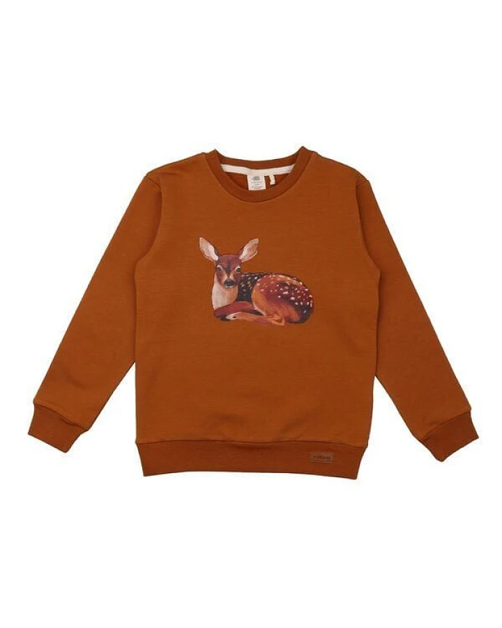 Baby Sweatshirt GOTS zertifiziert – 95% Bio-Baumwolle, Braun mit Rehmotiv, weich & bequem, alltagstauglich