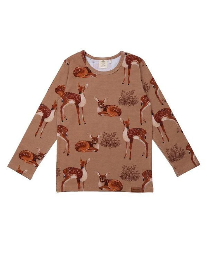 Baby Langarmshirt GOTS zertifiziert, 95% Bio-Baumwolle, braun, Hirsch-Muster, weich & bequem – Walkiddy
