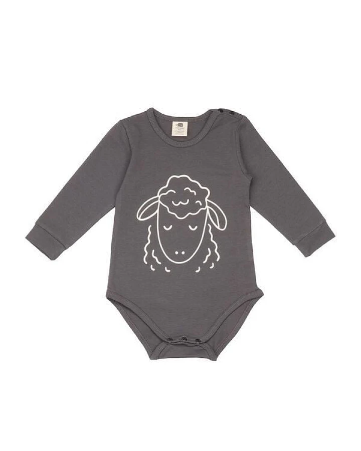 Baby Langarmbody GOTS-zertifiziert aus Bio-Baumwolle, grau mit Tiermotiv, weicher Jersey, Druckknöpfe im Schritt – Walkiddy