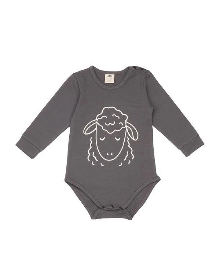 Baby Langarmbody GOTS-zertifiziert aus Bio-Baumwolle, grau mit Tiermotiv, weicher Jersey, Druckknöpfe im Schritt – Walkiddy