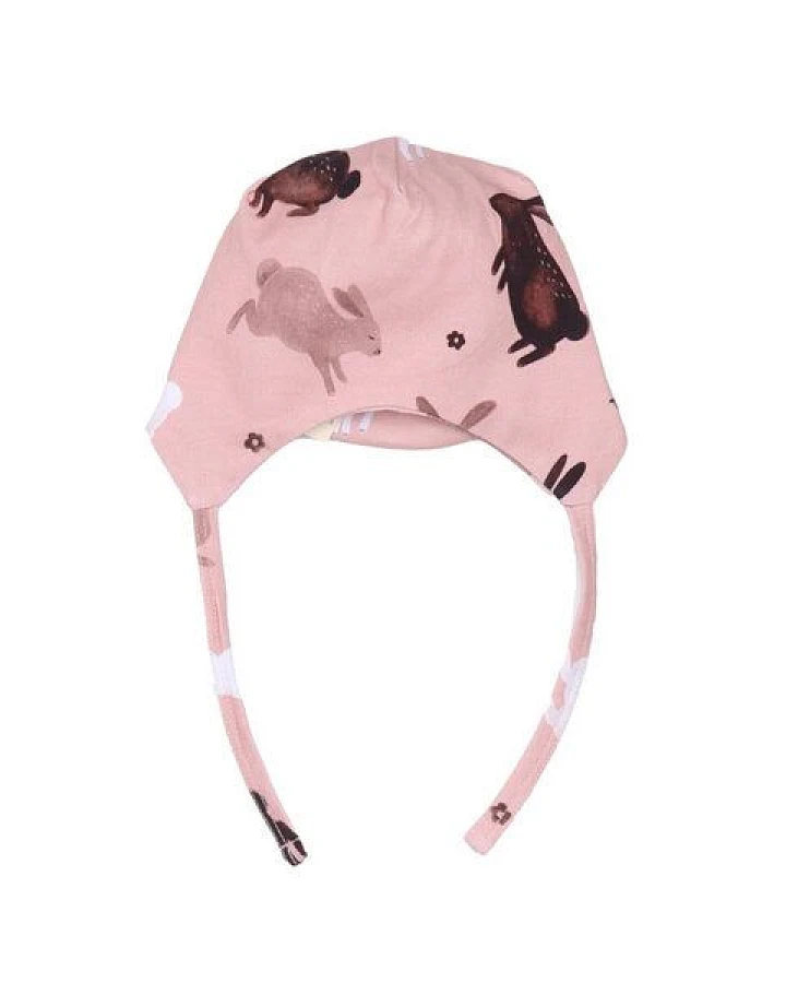 Baby Bindemütze GOTS zertifiziert Bio-Baumwolle Rosa Hasen-Print Ohrklappen Bindebänder weich – Walkiddy