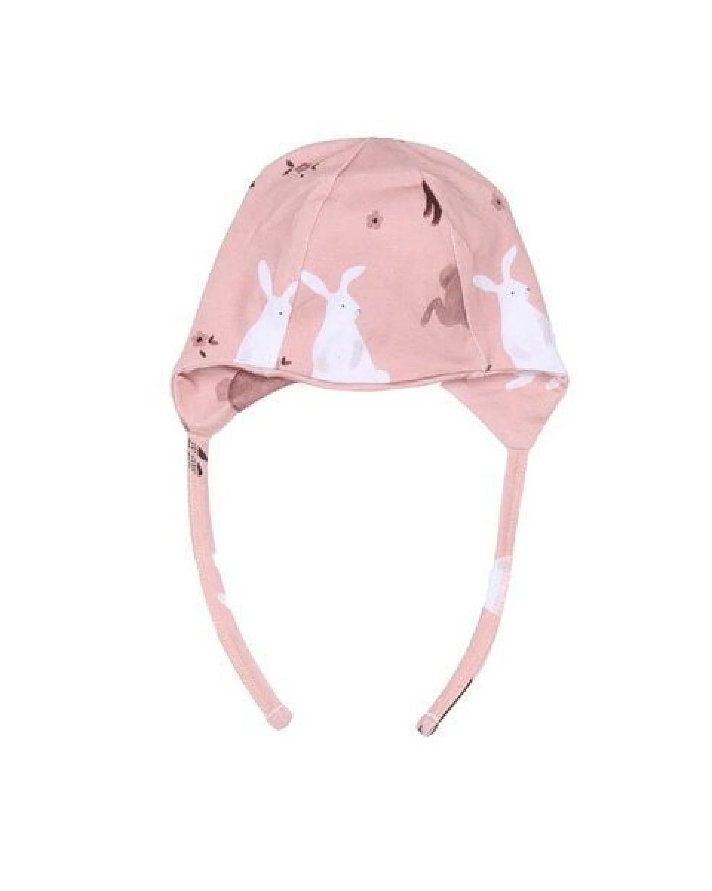 Baby Bindemütze GOTS zertifiziert Bio-Baumwolle Rosa Hasen-Print Ohrklappen Bindebänder weich – Walkiddy – Ansicht 3