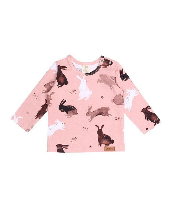 Langarmshirt Rosa Hasen-Allover Bio-Baumwolle GOTS – Walkiddy