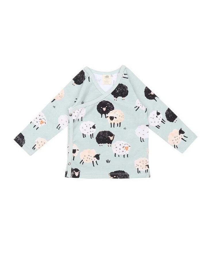 Kinder Langarmshirt GOTS-zertifiziert aus Bio-Baumwolle mintgrün mit Schaf-Motiv „Fluffy Sheeps“ – Walkiddy