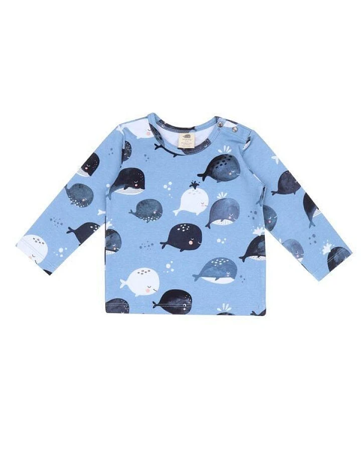 Baby Langarmshirt GOTS-zertifiziert aus Bio-Baumwolle, blau mit grafischem Muster – Walkiddy, weich, hautfreundlich & alltagstauglich