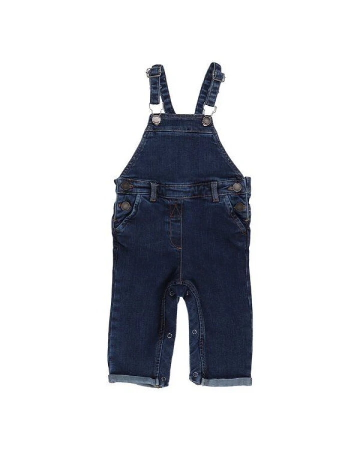 Jeans-Strampler Baby Bio-Baumwolle Dunkelblau – Latzhose von Walkiddy, mitwachsend, weich gefüttert – nachhaltige, hautfreundliche & langlebige Qualität von Walkiddy
