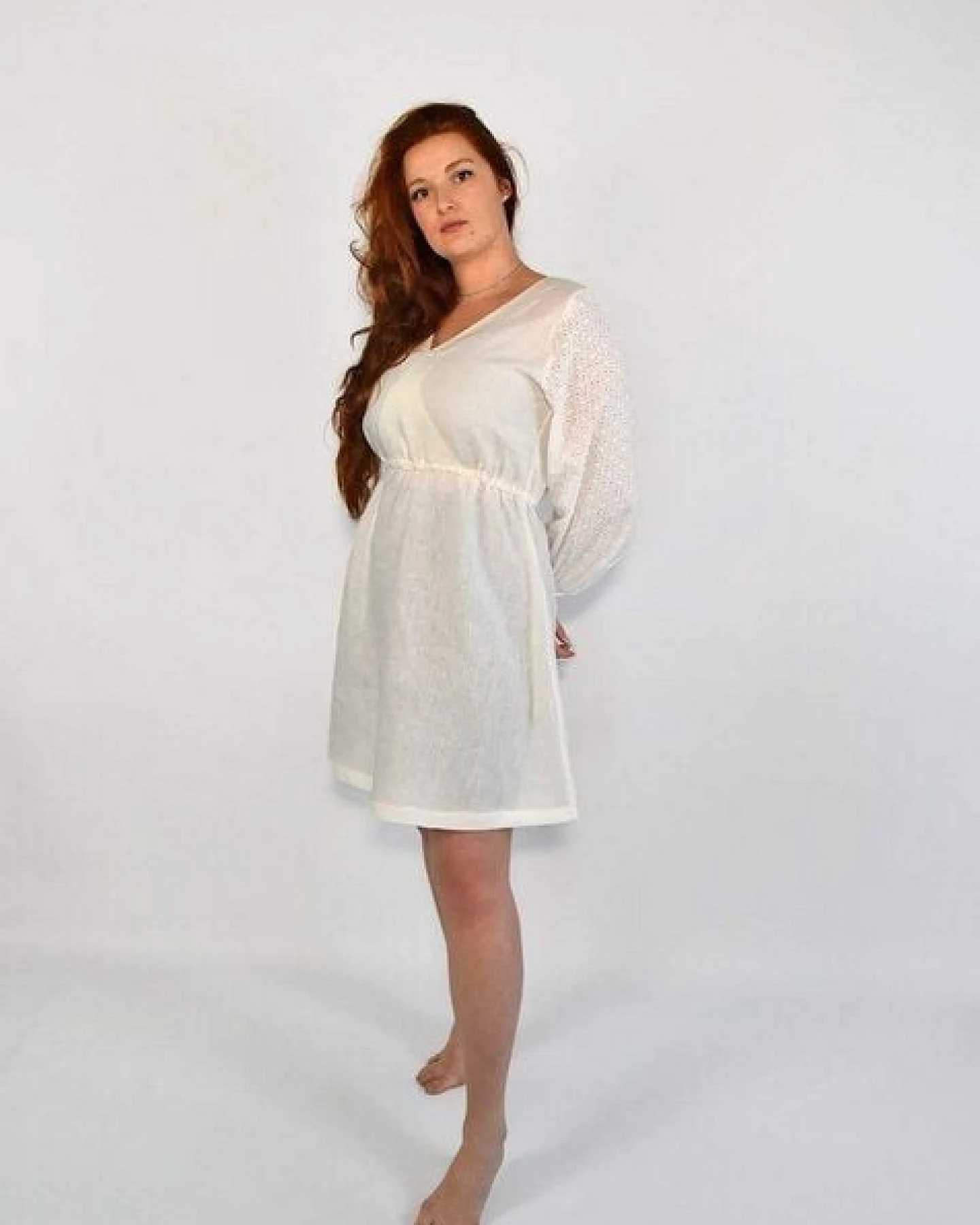 Aatise Zomi Kleid mit elastischer Taille, weiss, Langarm – Ansicht 4