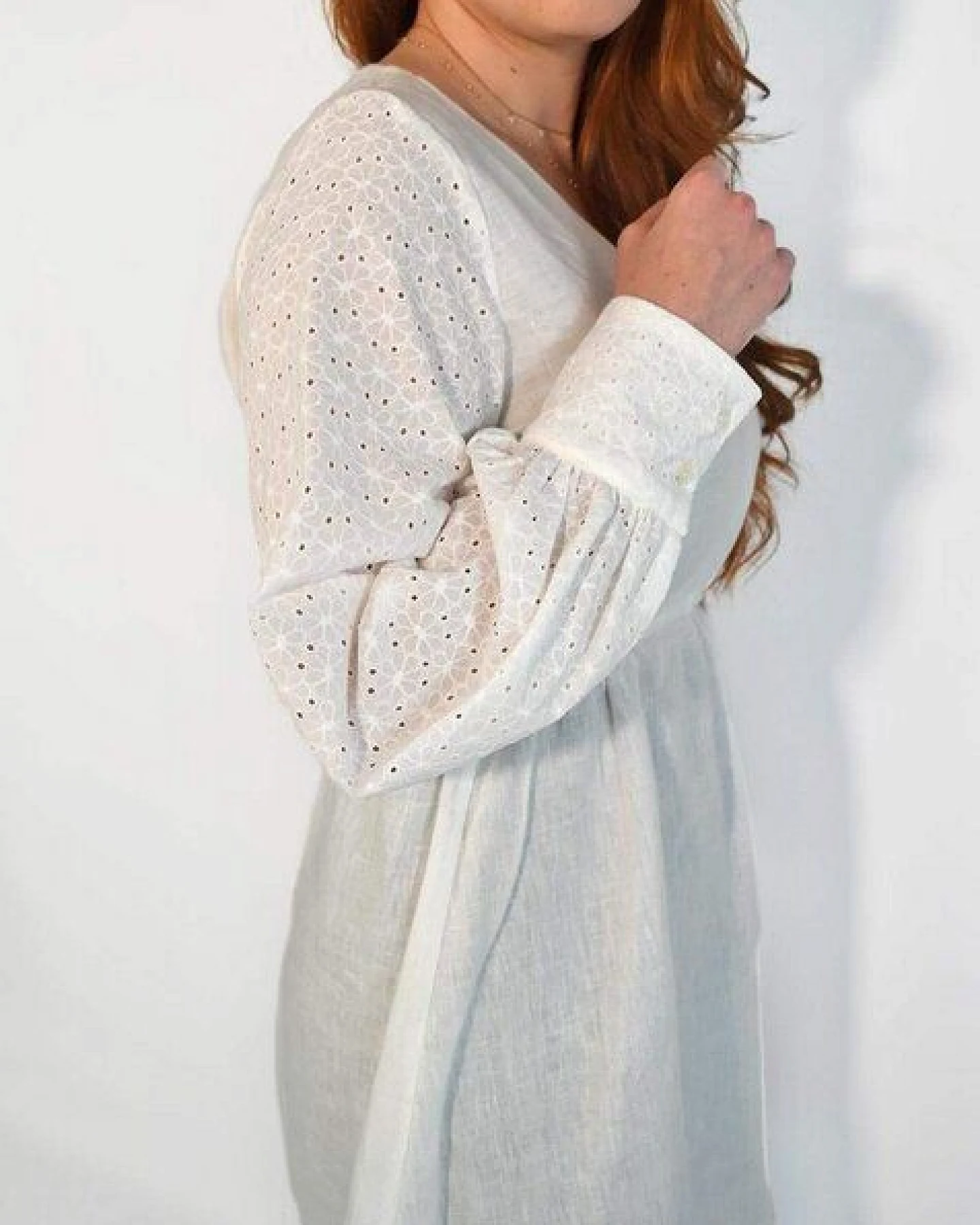 Aatise Zomi Kleid mit elastischer Taille, weiss, Langarm – Ansicht 2
