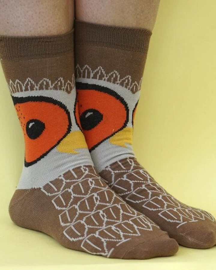 Fräulein Prusselise Eule Socke braun orange bunt gemustert story