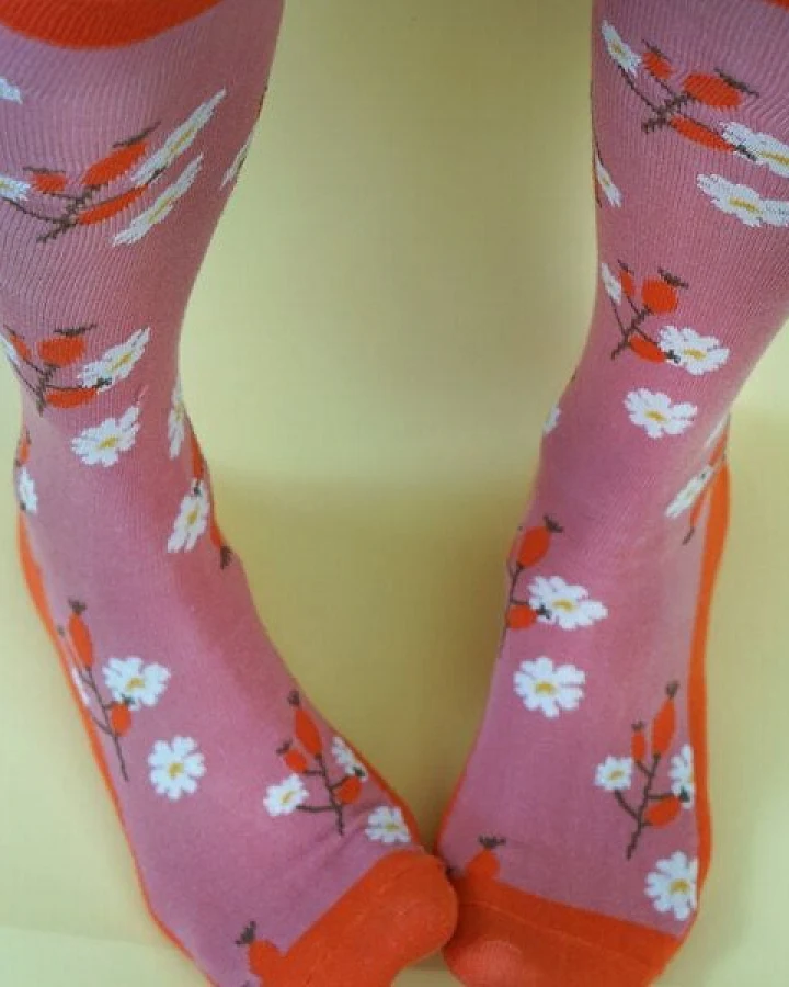 Fräulein Prusselise Kniestrümpfe Hagebutte rosa, rot, bunt gemustert, Blumen
