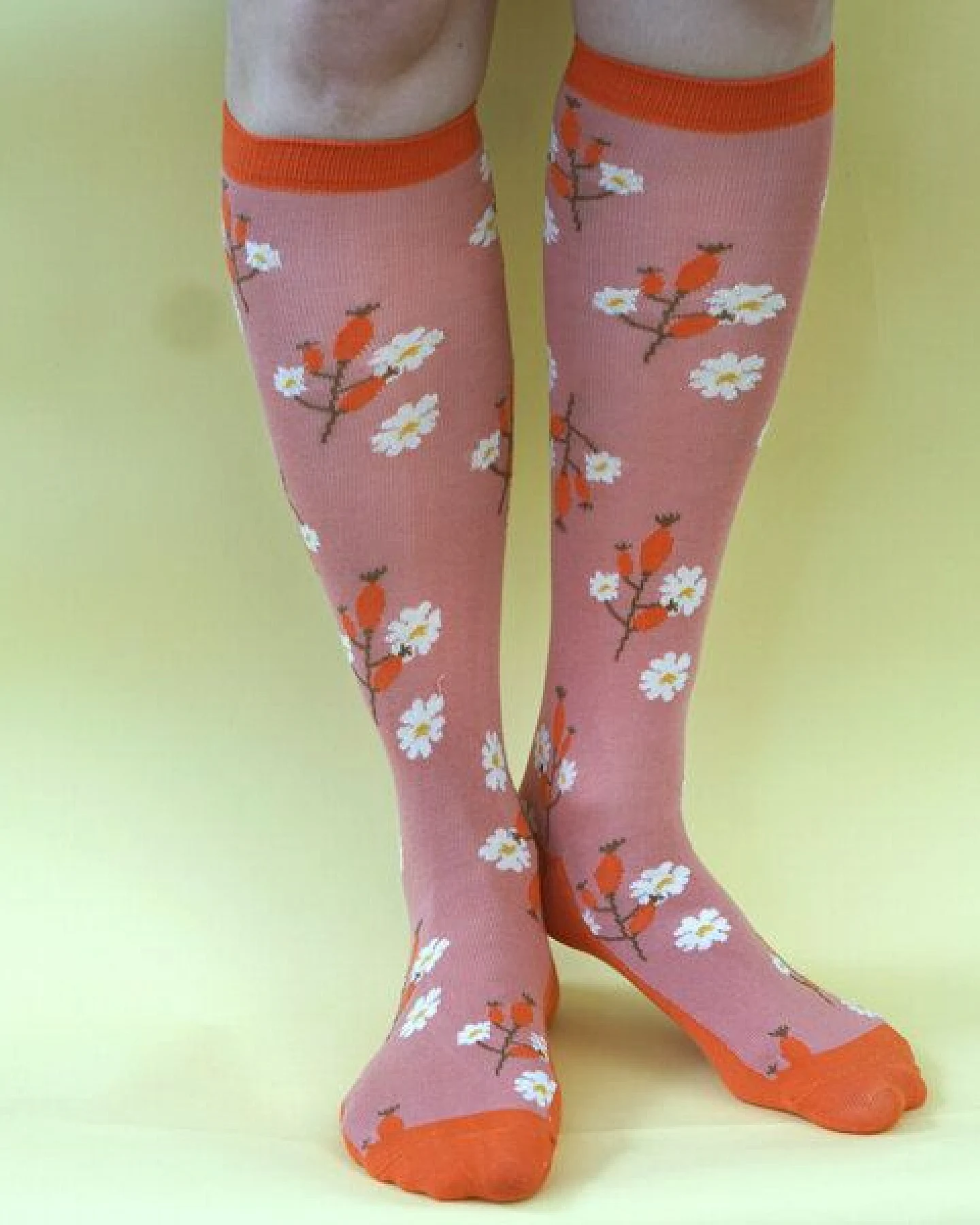 Fräulein Prusselise Kniestrümpfe Hagebutte rosa, rot, bunt gemustert, Blumen – Ansicht 2