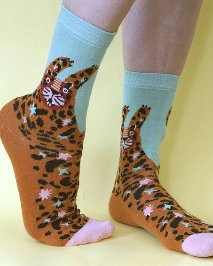Fräulein Prusselise Leo Socke Halb und Halb, story orange, türkies bunt gemustert