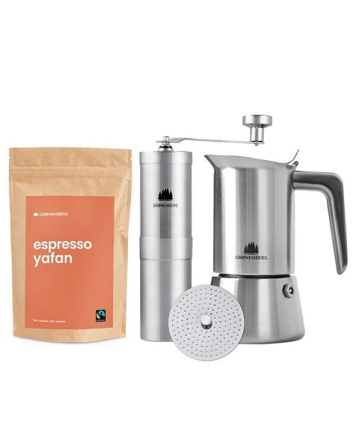 GROENENBERG Kaffee Spar Set 4: Espressokocher + Espresso Bohnen 250g + Kaffeemühle