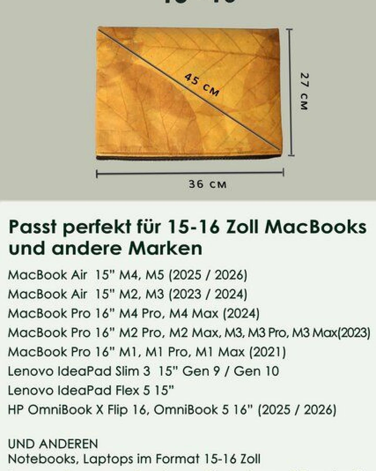 BY COPALA Nachhaltige 15–16 Zoll Laptoptasche aus Teak-Blattleder – Ansicht 2