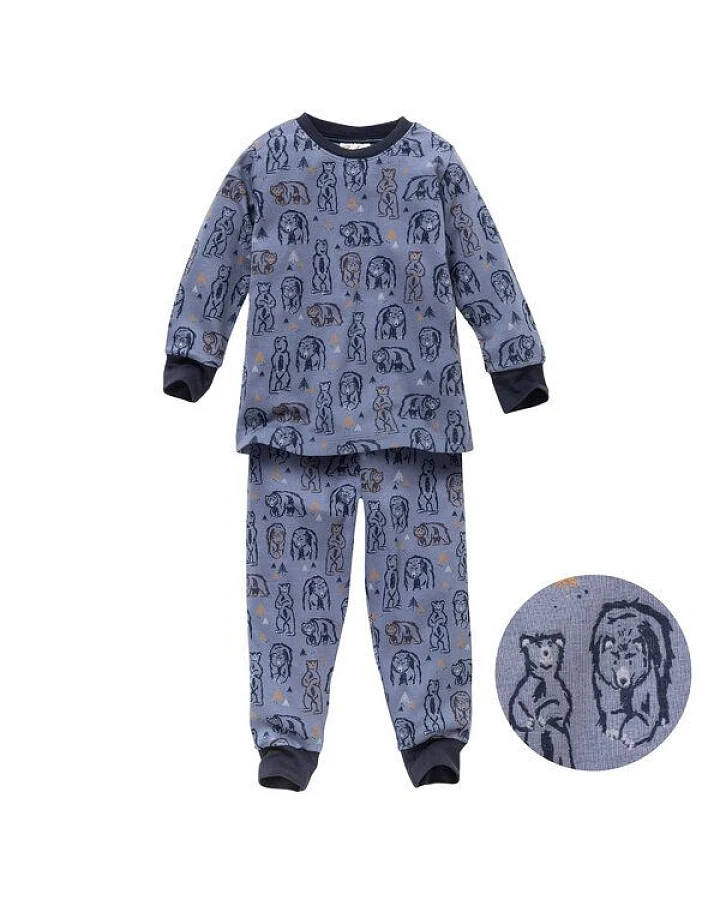 People Wear Organic Pyjama "Grizzlybär", Langarm-Schlafanzug, blau/bedruckt, 100% Baumwolle (Bio)