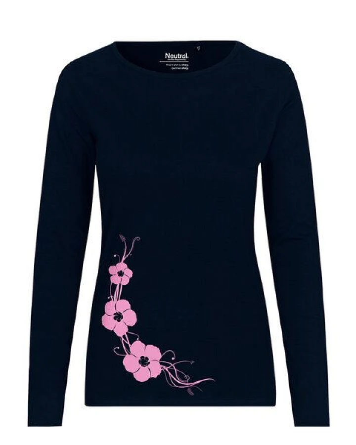 HANDGEDRUCKT "Hibisken" Frauen Longsleeve aus reiner Biobaumwolle (kbA)