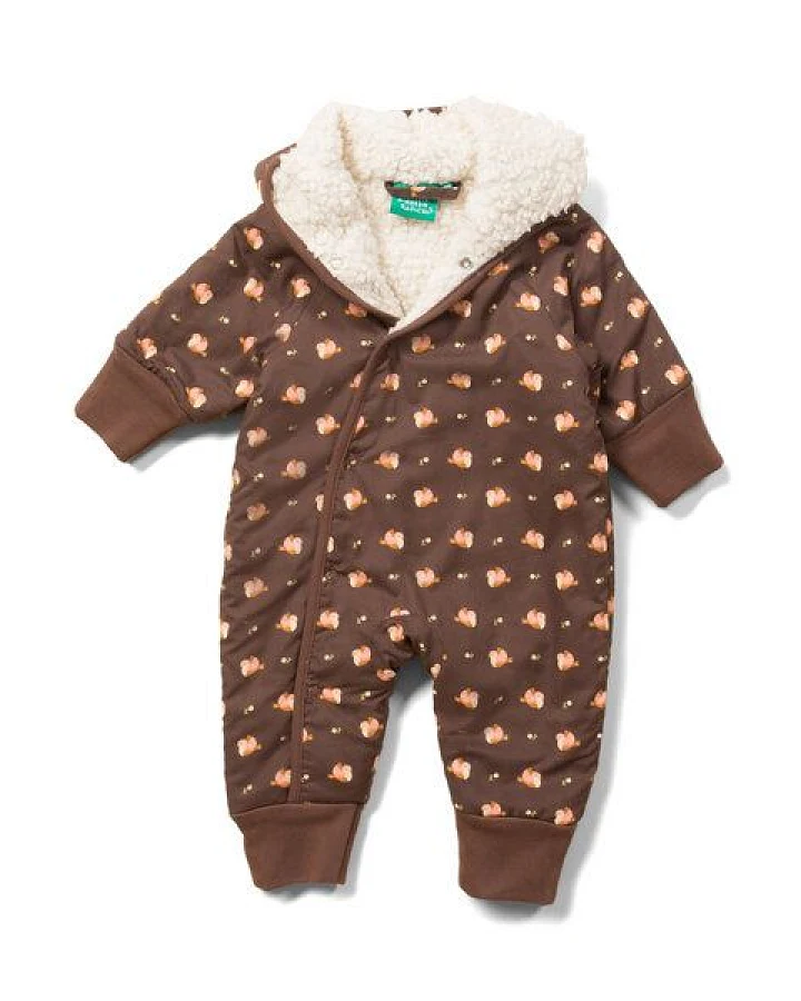 Little Green Radicals Baby/Kinder Winteroverall aus Bio-Baumwolle – Braun mit Vogeldruck