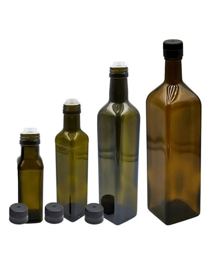 mikken 2er Set Ölflaschen 100 ml - 1000 ml mit Ausgießer braune / grüne Glasflasche mit Dosierer Dosierflasche inkl. 2 Etiketten