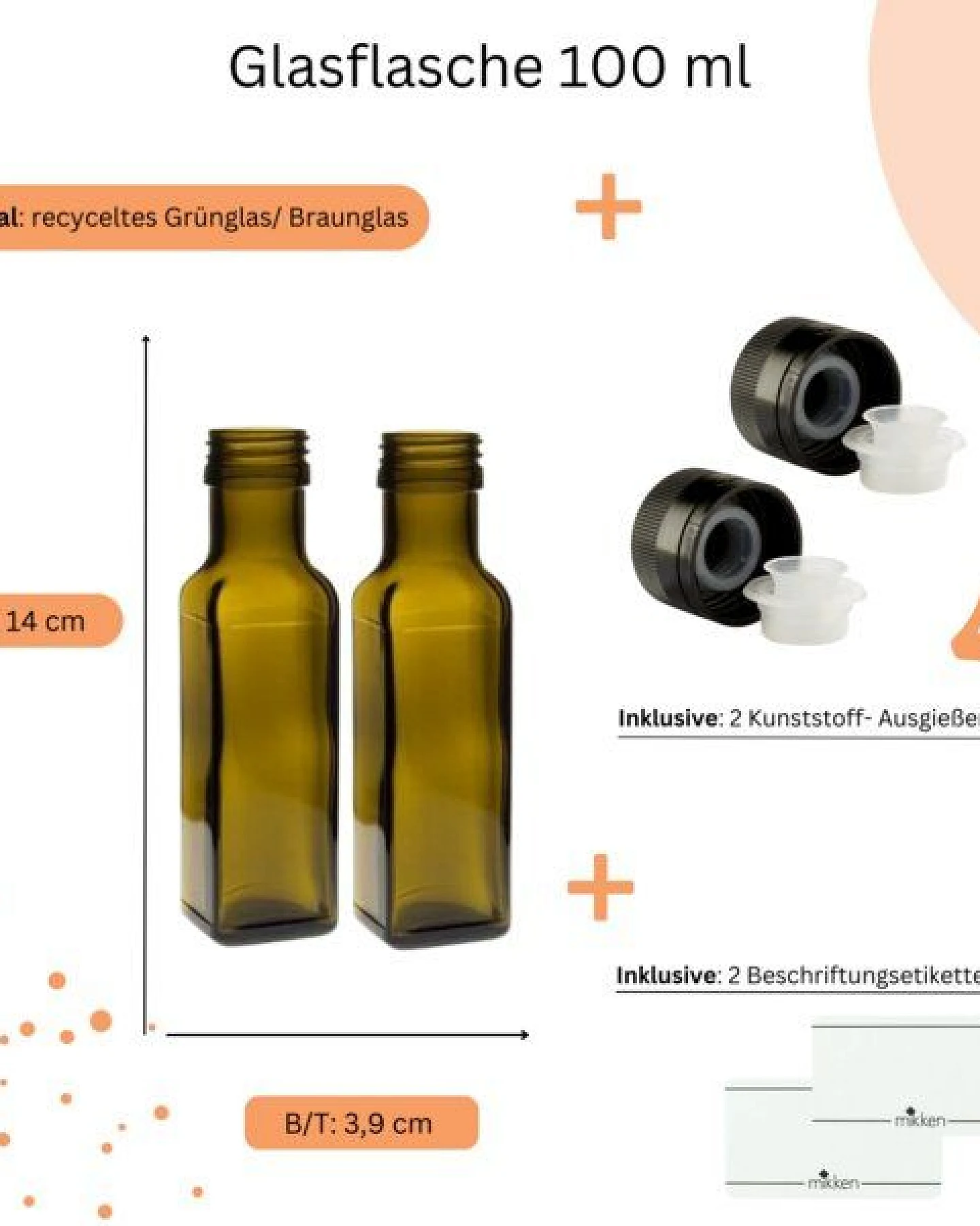 mikken 2er Set Ölflaschen 100 ml - 1000 ml mit Ausgießer braune / grüne Glasflasche mit Dosierer Dosierflasche inkl. 2 Etiketten – Ansicht 2