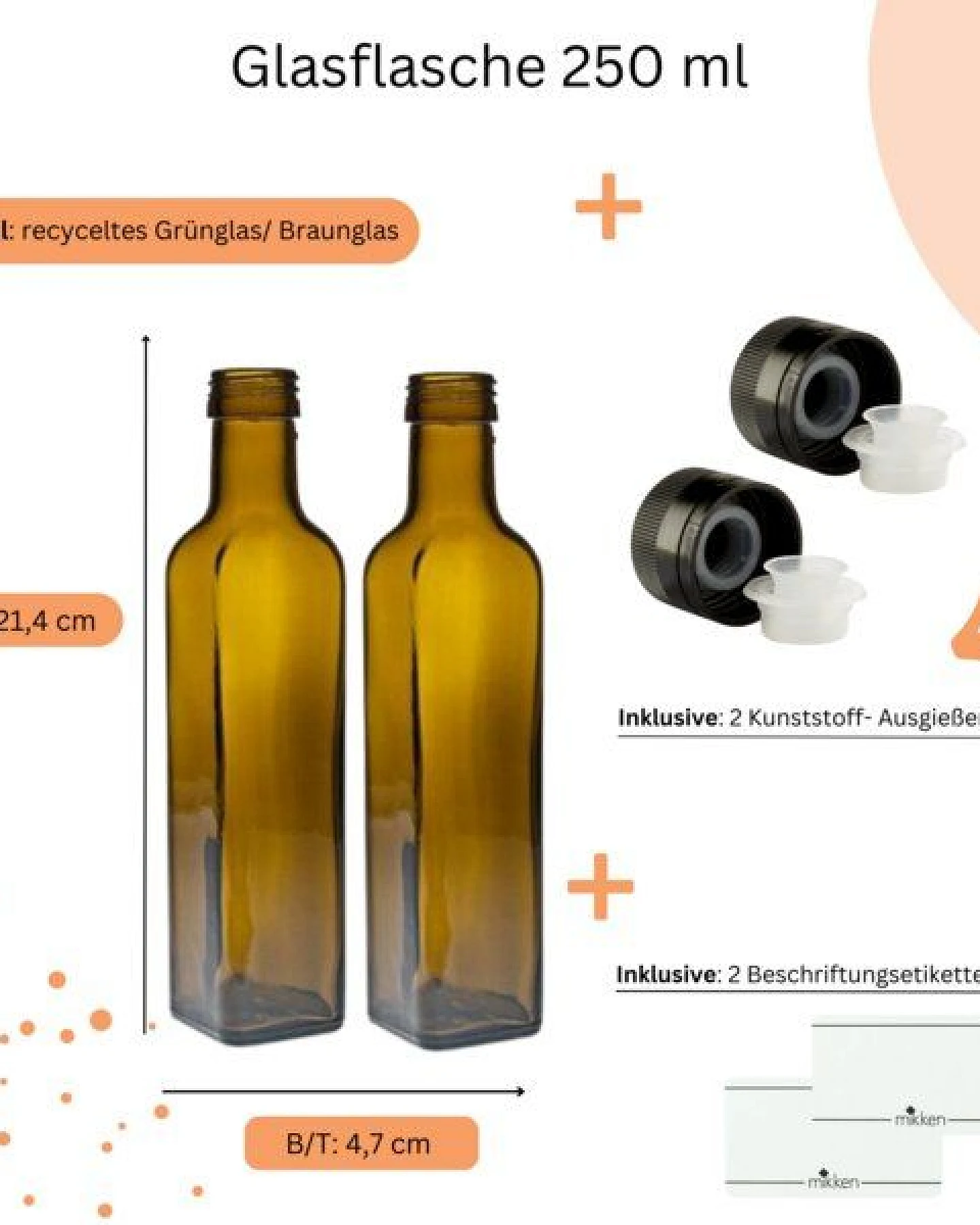 mikken 2er Set Ölflaschen 100 ml - 1000 ml mit Ausgießer braune / grüne Glasflasche mit Dosierer Dosierflasche inkl. 2 Etiketten – Ansicht 3