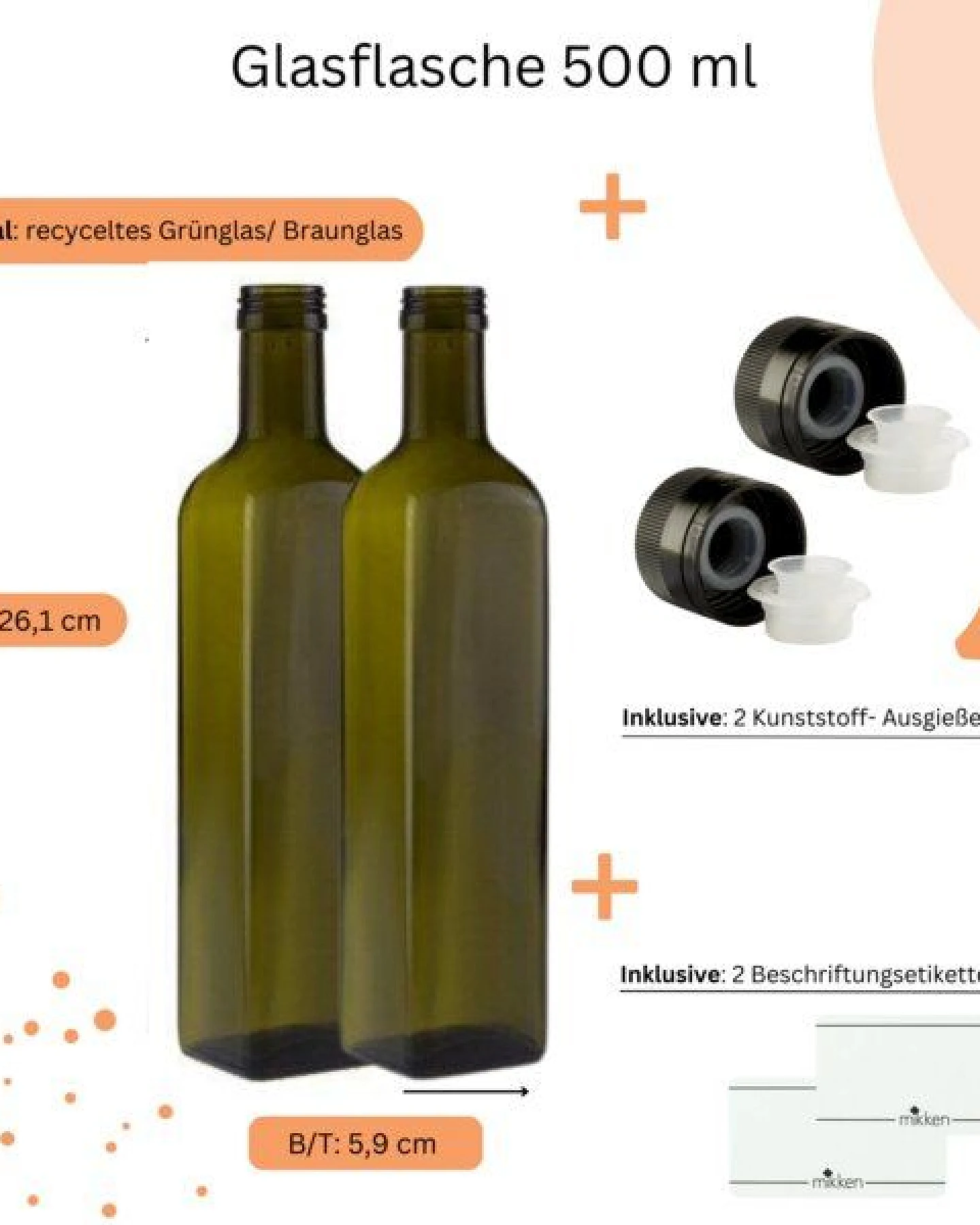 mikken 2er Set Ölflaschen 100 ml - 1000 ml mit Ausgießer braune / grüne Glasflasche mit Dosierer Dosierflasche inkl. 2 Etiketten – Ansicht 3