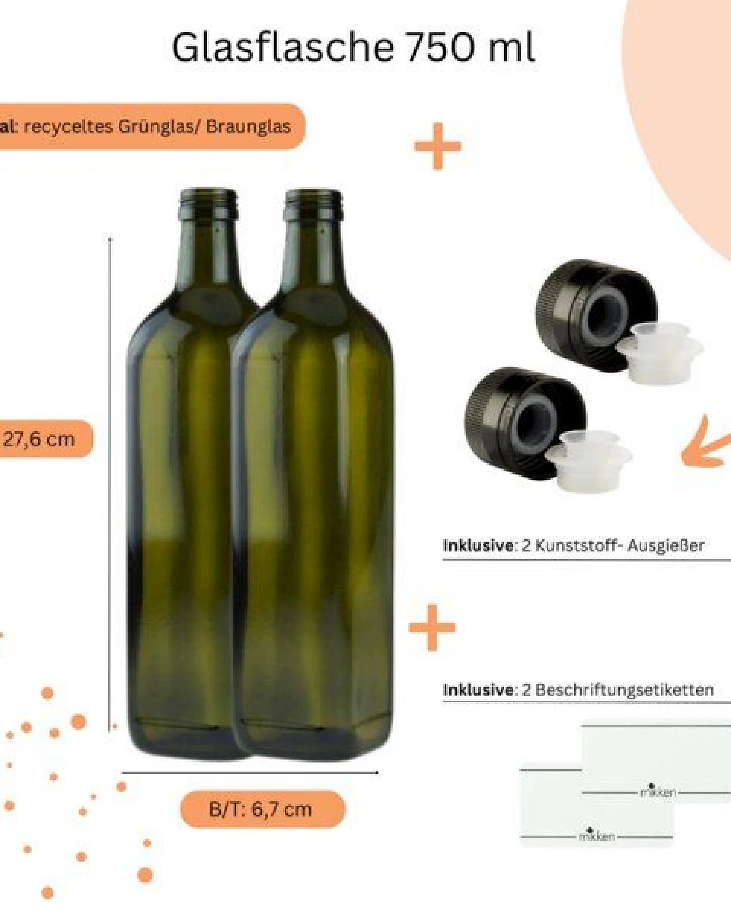 mikken 2er Set Ölflaschen 100 ml - 1000 ml mit Ausgießer braune / grüne Glasflasche mit Dosierer Dosierflasche inkl. 2 Etiketten – Ansicht 3