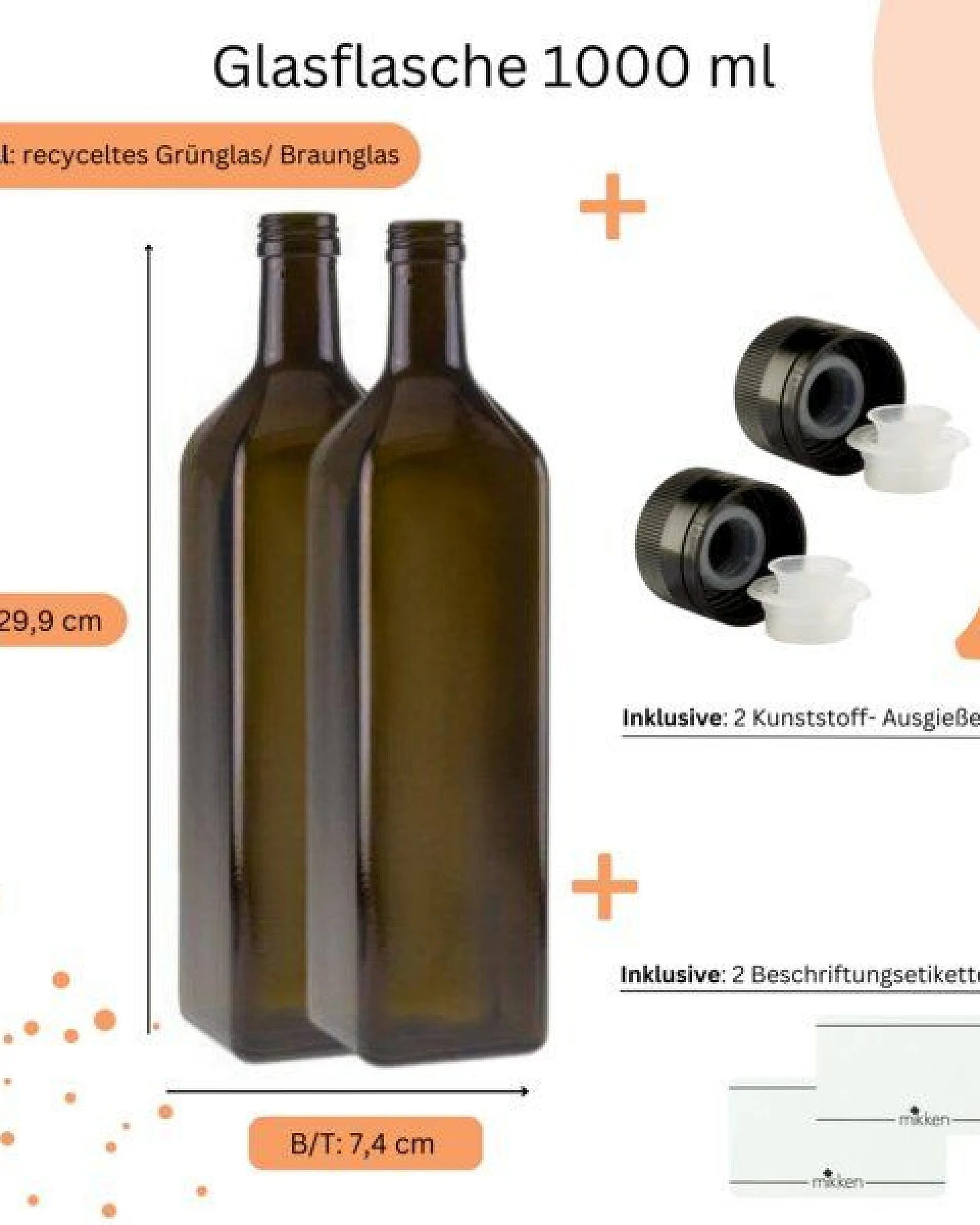 mikken 2er Set Ölflaschen 100 ml - 1000 ml mit Ausgießer braune / grüne Glasflasche mit Dosierer Dosierflasche inkl. 2 Etiketten – Ansicht 3