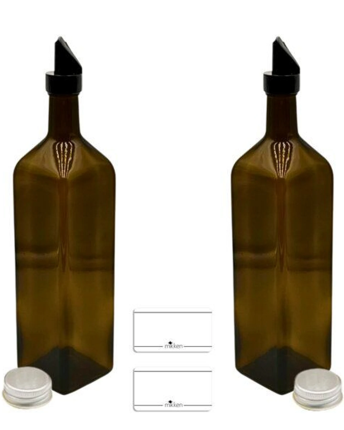 mikken 2er Set Ölflaschen 100 ml - 1000 ml mit Ausgießer braune / grüne Glasflasche – Ansicht 2