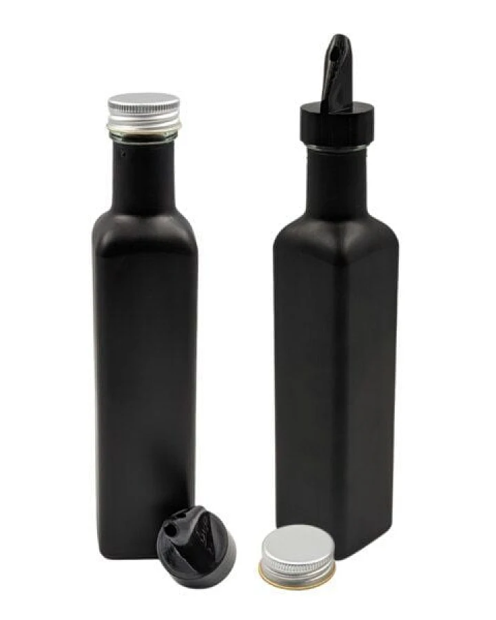 mikken 2er Set Ölflasche / Essigflasche 250 ml (schwarz beschichtet) mit Ausgießer Glasflaschen matt schwarz mit Dosierer + Schraubdeckel + 2 Etiketten
