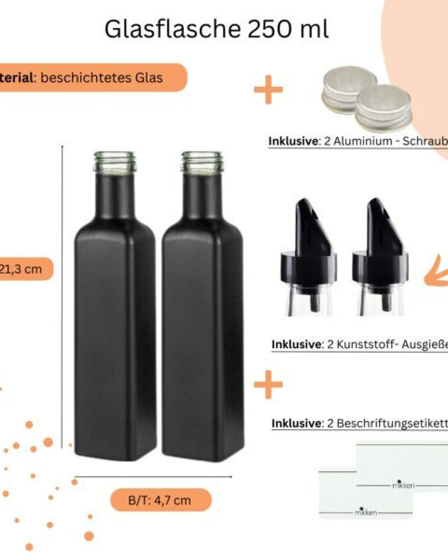 mikken 2er Set Ölflasche / Essigflasche 250 ml (schwarz beschichtet) mit Ausgießer Glasflaschen matt schwarz mit Dosierer + Schraubdeckel + 2 Etiketten – Ansicht 2