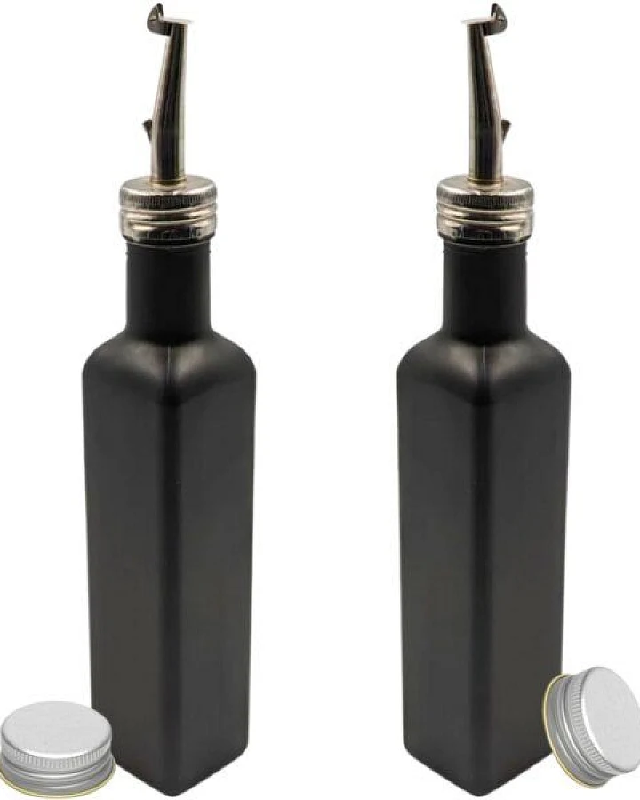 mikken 2x Ölflasche 250 ml (matt schwarz/weiß beschichtet) Dosierflasche mit Ausgießer + Schraubdeckel + 2 Etiketten