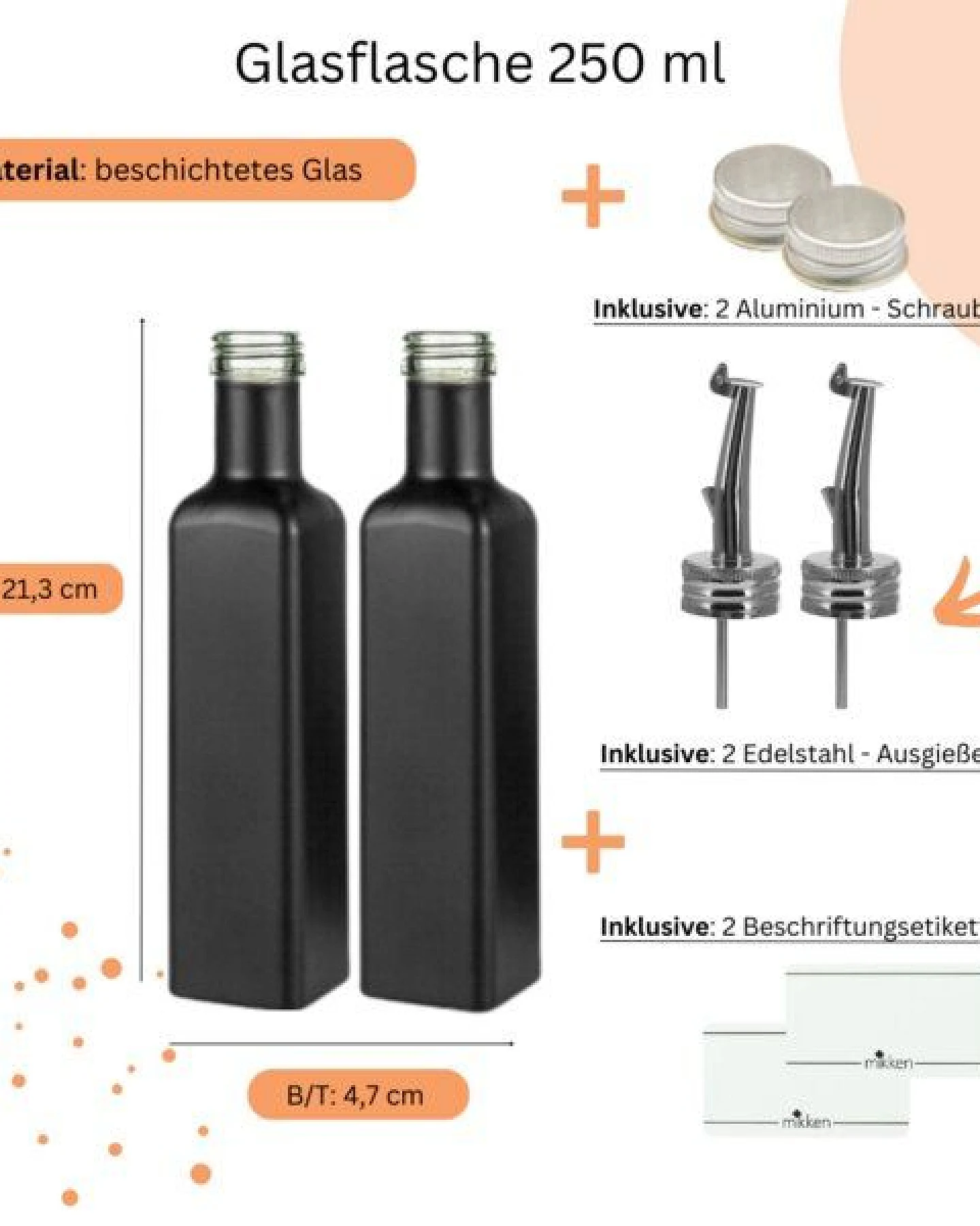 mikken 2x Ölflasche 250 ml (matt schwarz/weiß beschichtet) Dosierflasche mit Ausgießer + Schraubdeckel + 2 Etiketten – Ansicht 2