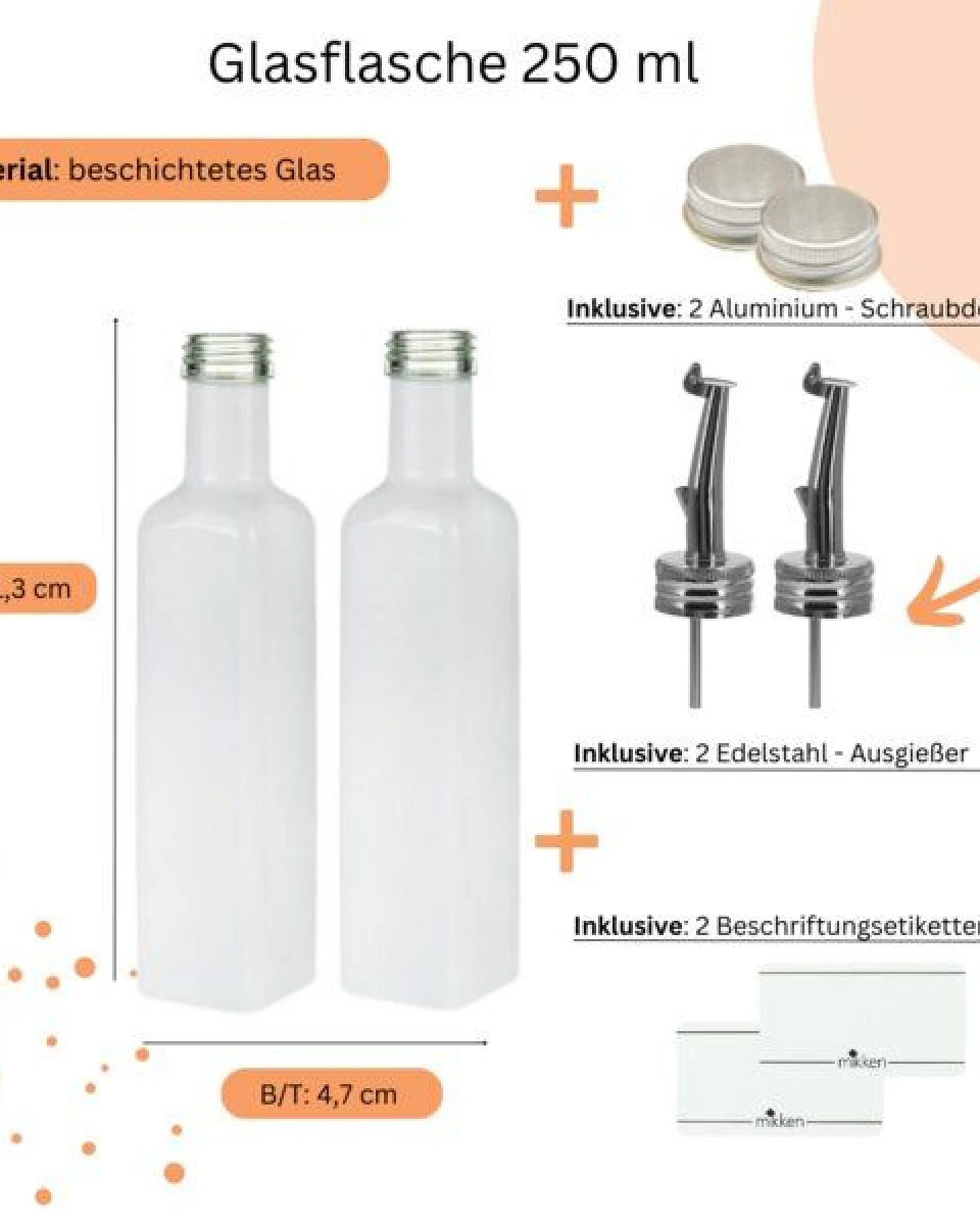 mikken 2x Ölflasche 250 ml (matt schwarz/weiß beschichtet) Dosierflasche mit Ausgießer + Schraubdeckel + 2 Etiketten – Ansicht 2
