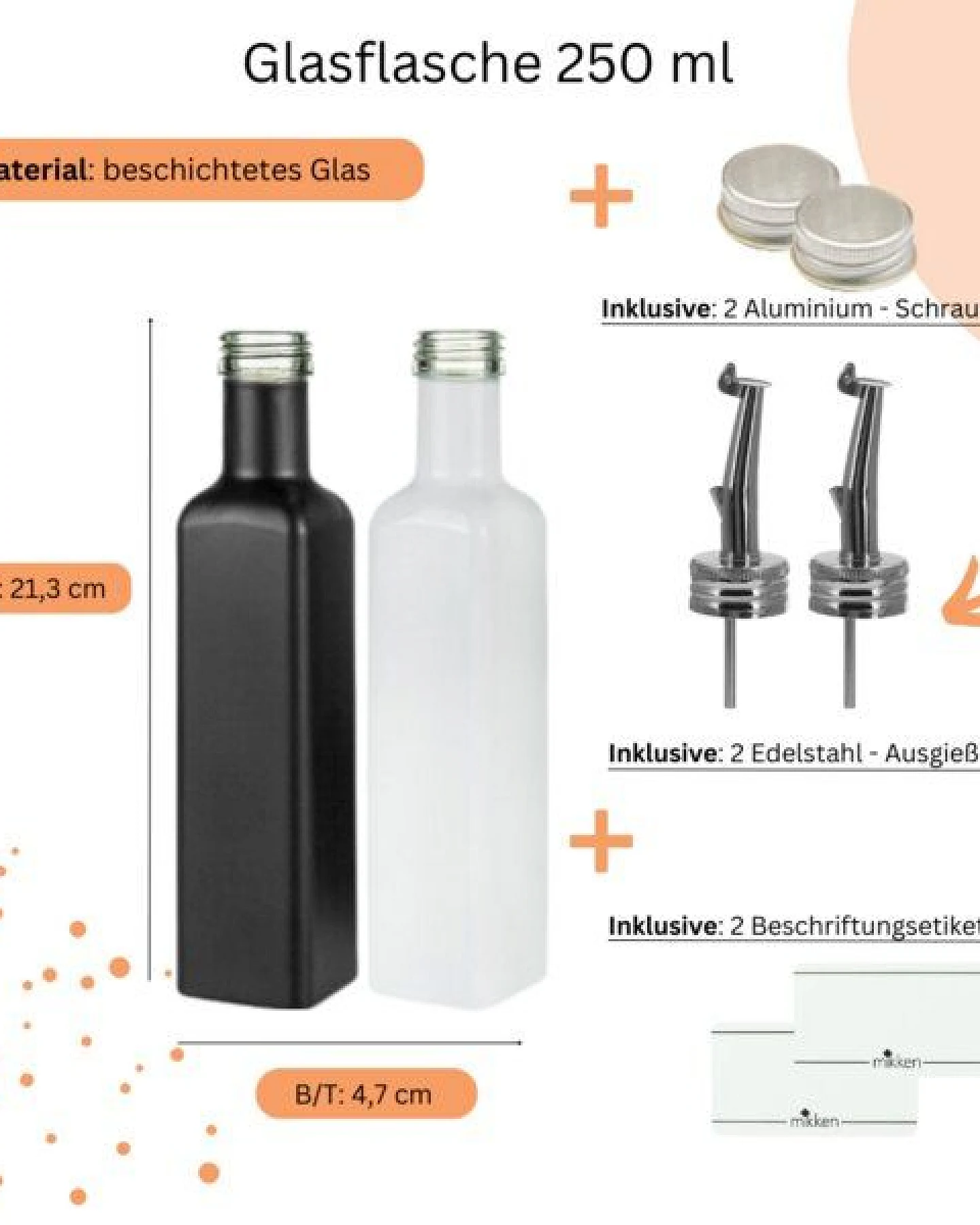 mikken 2x Ölflasche 250 ml (matt schwarz/weiß beschichtet) Dosierflasche mit Ausgießer + Schraubdeckel + 2 Etiketten – Ansicht 2