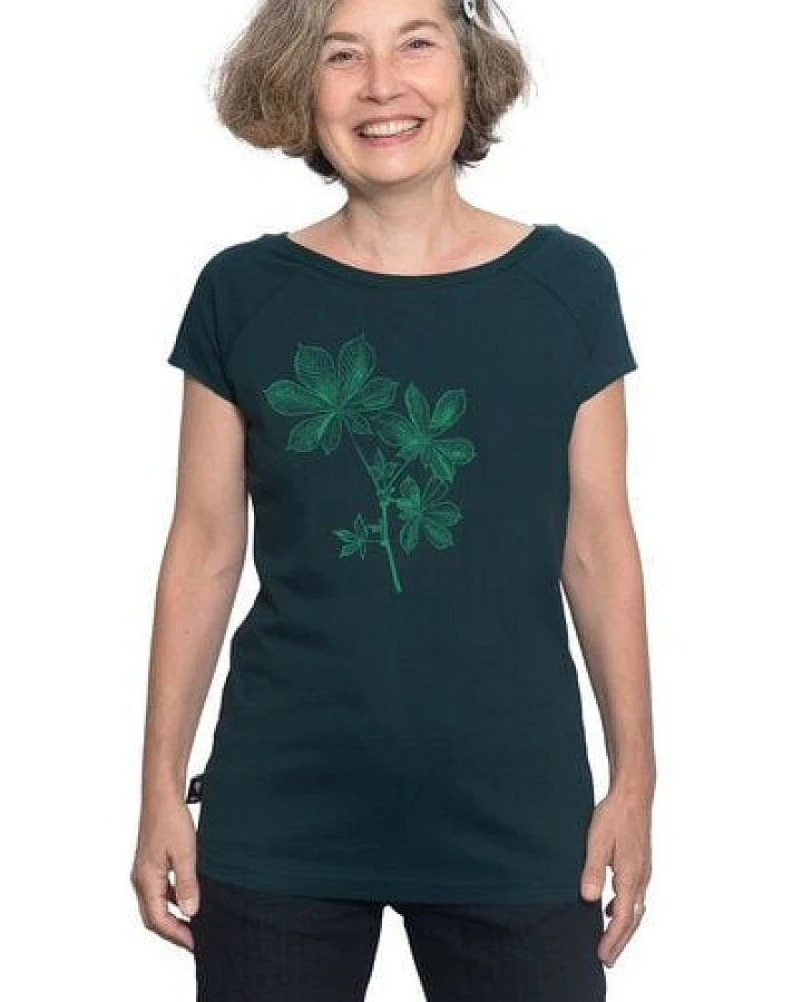 Hirschkind Frauen-Raglanshirt „Kastanie“ dunkelgrün - Made in Kenia & handbedruckt in Berlin