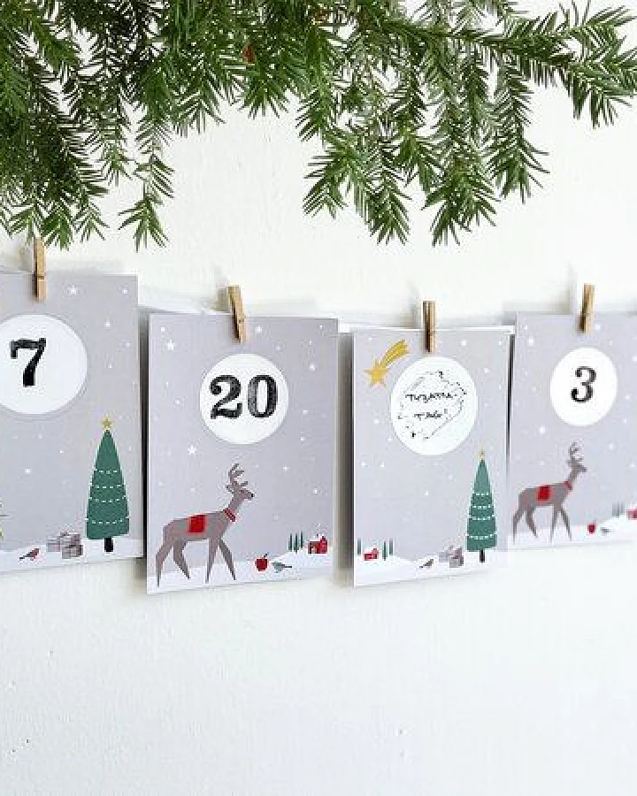 renna deluxe RUBBEL Adventskalender, zum Rubbeln, Weihnachten Reh Tannenbaum, Bastelset 97 Teile
