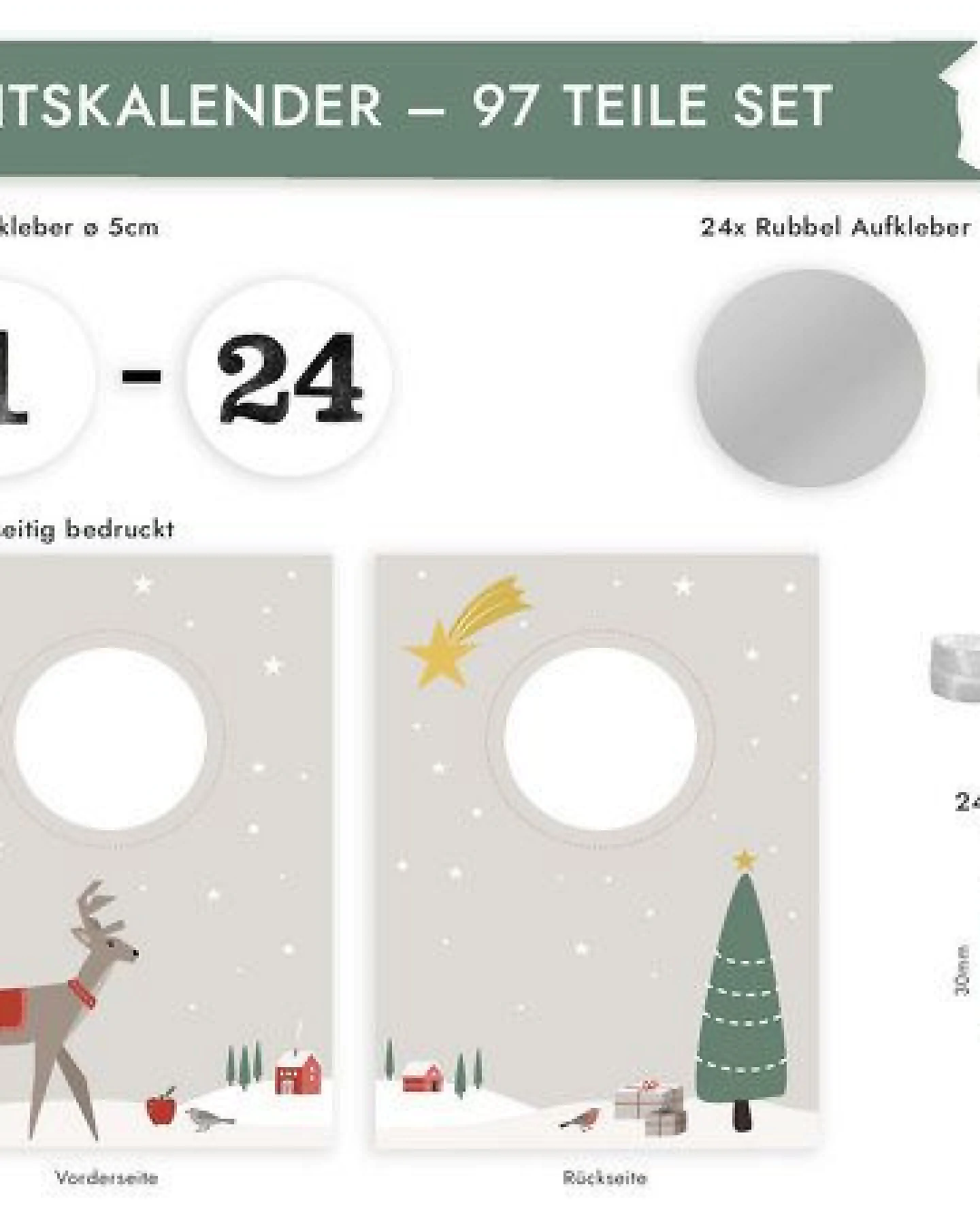 renna deluxe RUBBEL Adventskalender, zum Rubbeln, Weihnachten Reh Tannenbaum, Bastelset 97 Teile – Ansicht 3