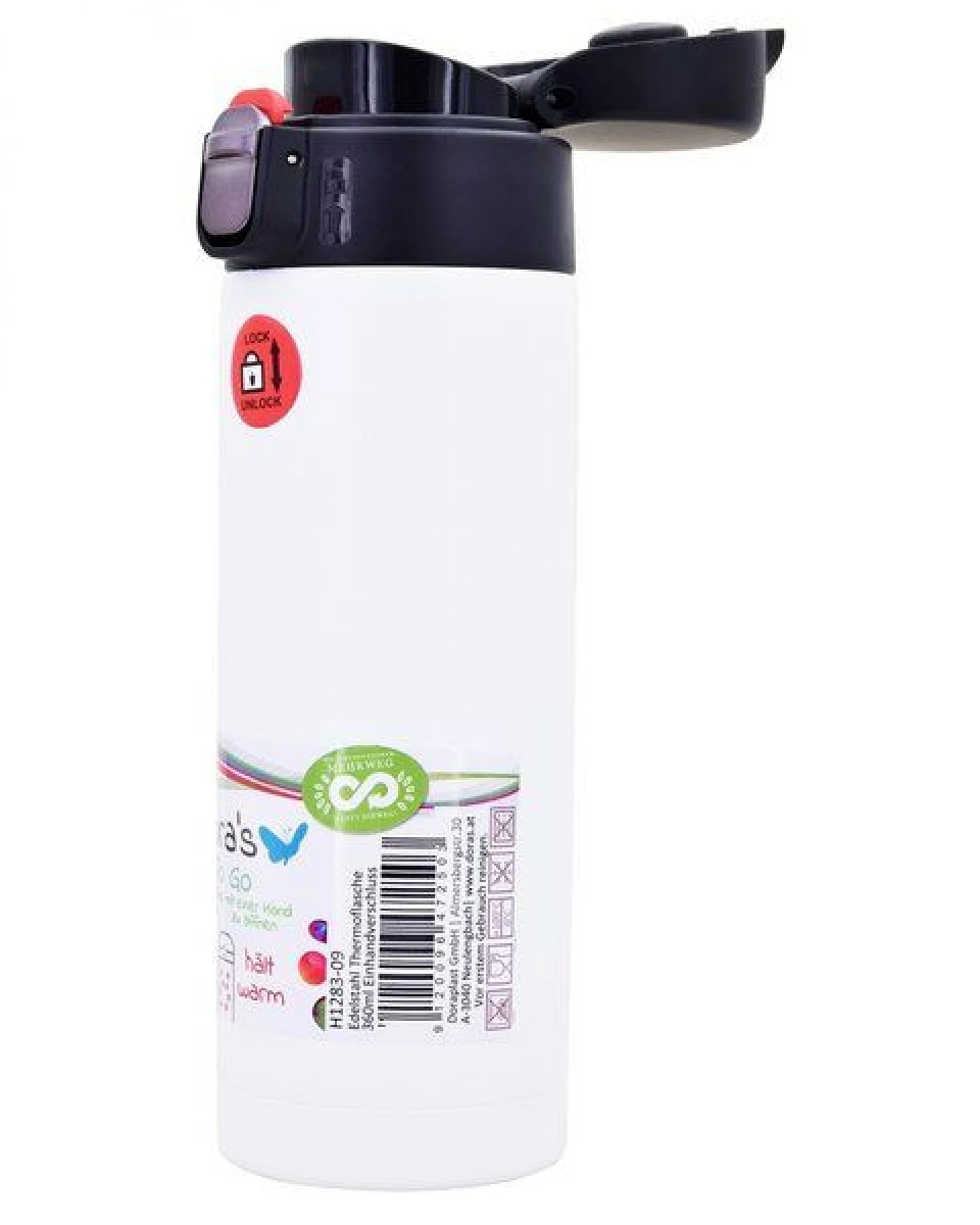 Dora's Dora’s Thermobecher "Weiß" (360ml) – Einhandverschluss – Edelstahl & Vakuumisoliert – Ansicht 2