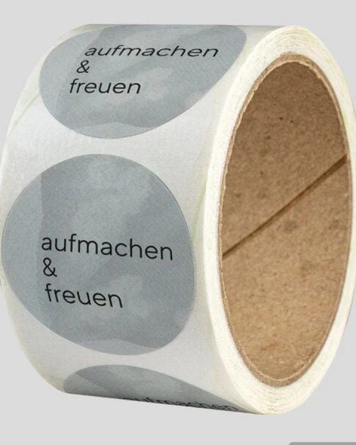 Fines Papeterie 50 Aufkleber für Geschenke und Verpackungen * grau * 4cm rund * aufmachen und freuen * Naturpapier