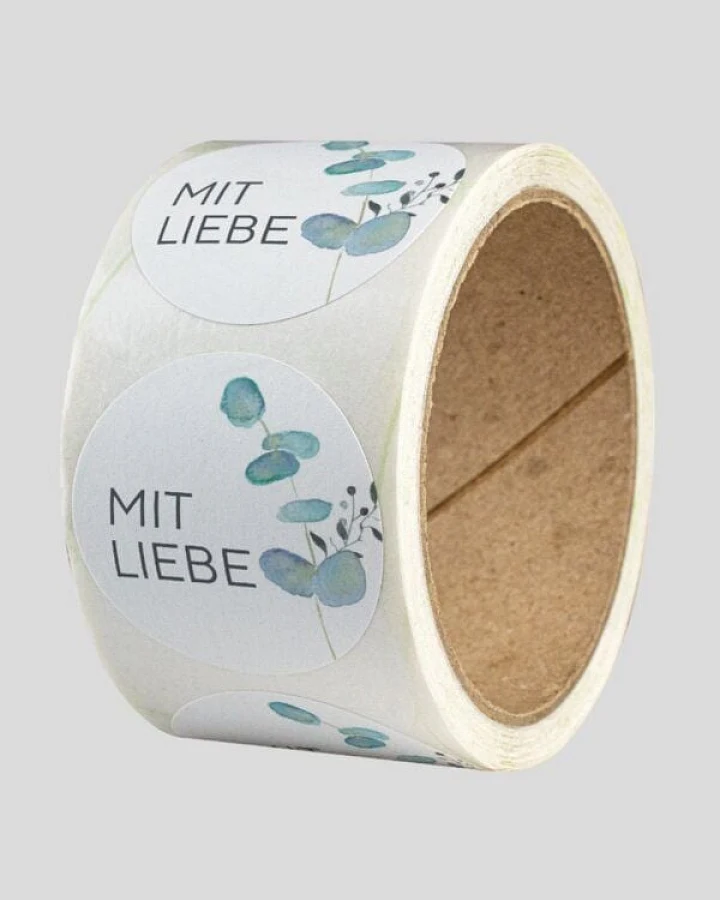 Fines Papeterie ab 50 Geschenkaufkleber * Mit Liebe * mit Eukalyptuszweig * 4cm rund * Naturpapier * auf Rolle
