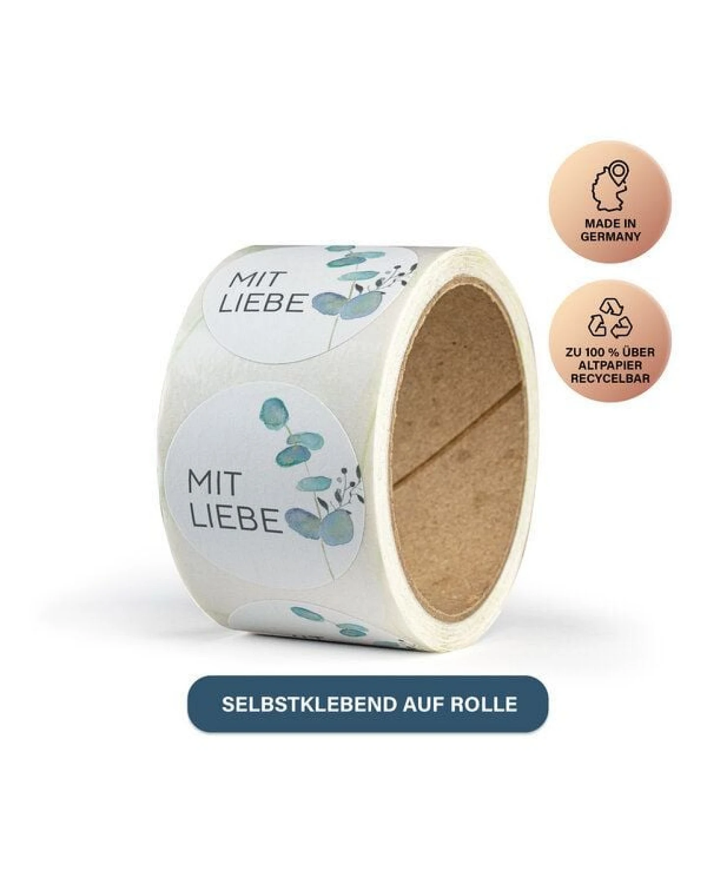Fines Papeterie ab 50 Geschenkaufkleber * Mit Liebe * mit Eukalyptuszweig * 4cm rund * Naturpapier * auf Rolle – Ansicht 4